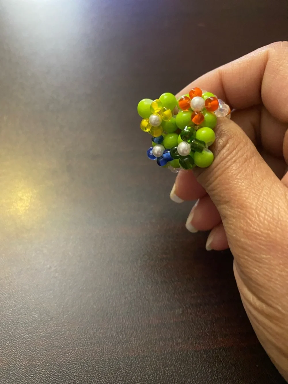 Handmade Multicolor Beaded Flower Ring — Green Accent